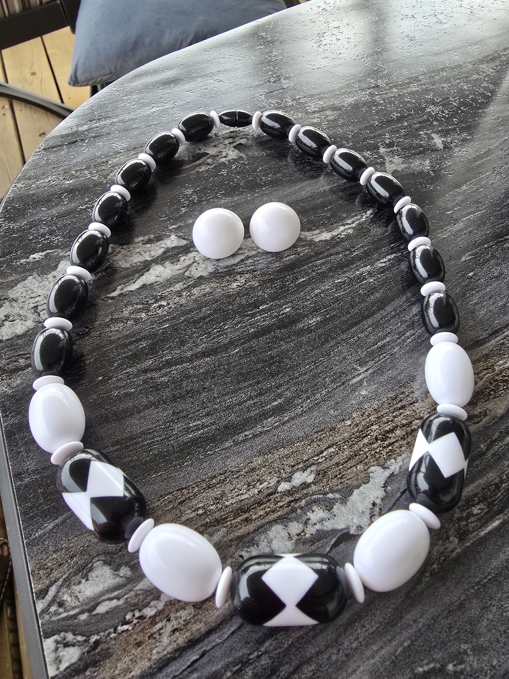 Vintage Classic Black & White Beaded Necklace and Clip On Japan/Earrings